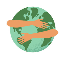 Vector illustration of hands hug planet Earth.  Concept of World Environment Day, Save the Earth, 22 April. Sign, icon and symbol