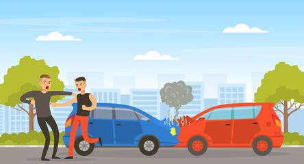 Conflict Between Two Car Drivers on Street, Aggressive Men Arguing on Road Vector Illustration