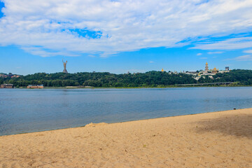 View of Kiev Pechersk Lavra (Kiev Monastery of the Caves),  Motherland Monument and the Dnieper river in Ukraine