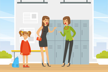 Two Women Shouting at Each Other at School Hall, Mother Upset of her Daughter Behavior Having Dispute with Teacher Vector Illustration