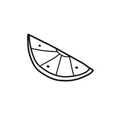A piece of lemon in a doodle style. Vector illustration in black. Suitable as an icon, logo, or label