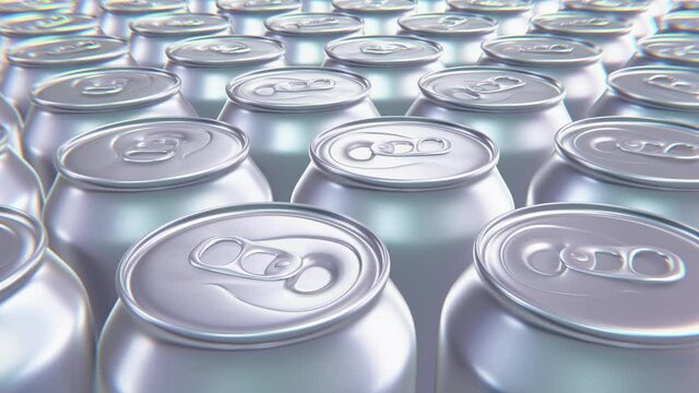 Realistic looping tracking shot 3D animation of the blank aluminum drink cans rendered in UHD
