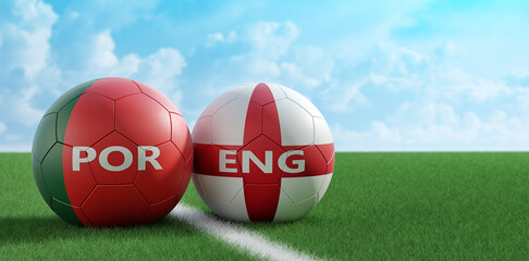 Portugal vs. England Soccer Match - Leather balls in Portugal and England national colors on a soccer field. Copy space on the right side - 3D Rendering 
