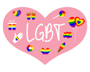 LGBT symbols. Pride month concept. Gay parade symbols. Human rights and tolerance. Vector cartoon illustration