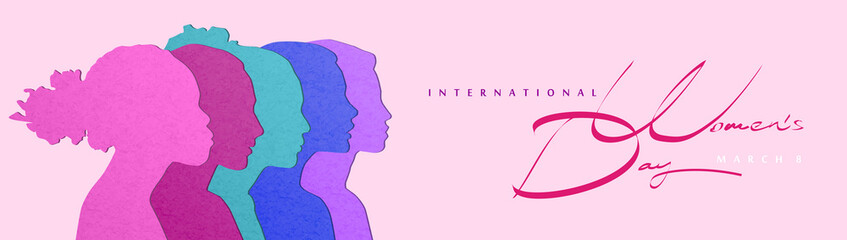 March 8th International Women's Day greeting card with  profiles of multiethnic female faces, vector illustration. 3D papercut diverse culture girl's silhouettes.