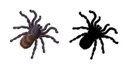 Stock vector illustration. Set of two spiders - a spider in a cartoon style and its black silhouette isolated on a white background.