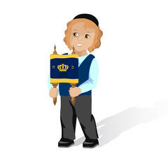 A Jewish boy with a Torah scroll. Clip art for Jewish holiday Simchat Torah.