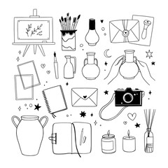 Hand drawn vector linear illustration - Set of art supples: notebook, brushes, camera, canvas, easel. Work from home. Artist office. Perfect for your brand logo, branding, stickers, pictures - 436928719