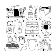 Hand drawn vector linear illustration - Set of home decor: candles, kitchen utensils, vase, gifts, ceramics. Scandinavian style. Cozy house. Hygge. Perfect for your brand logo, branding, stickers
