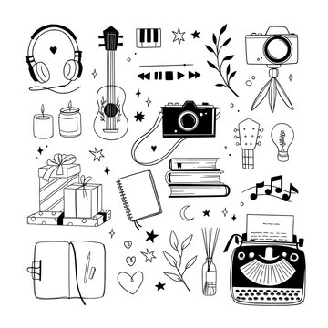 Hand drawn vector linear illustration - Set of art supples: musical instruments, typewriter, camera, candles, gifts, ceramics. Hygge. Artist office. Perfect for your brand logo, branding, stickers
