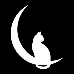 illustration of a silhouette of a cat on the moon on a black sky background
