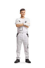 Full length portrait of a painter in a white overall uniform - obrazy, fototapety, plakaty