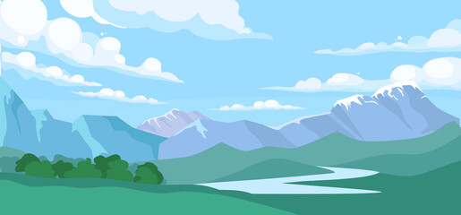 Mountain landscape with forest and water stream. Vector cartoon illustration of summer coniferous woods, brook, rocks and sun in blue sky with white clouds