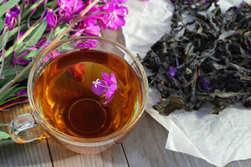 Herbal tea made from fireweed known as blooming sally in cup