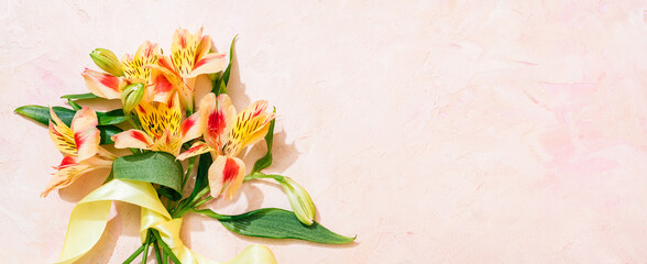 Floral background with copy space. Alstroemeria bouquet on pink background