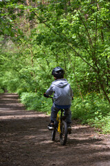 A boy about 8 years old rides a yellow bicycle along a path in the forest in a sports helmet. Back view