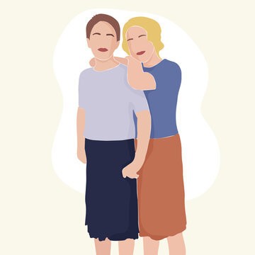 Contemporary abstract portrait of two women in a minimalist style. Girlfriends. One young girl embracing the other. Vector illustration