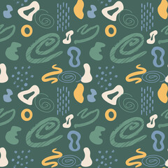Seamless pattern of abstract minimalist elements. Simple shapes, blotches of paint, lines, and geometric shapes. Design elements are hand-drawn, stylized as a child's drawing. Vector