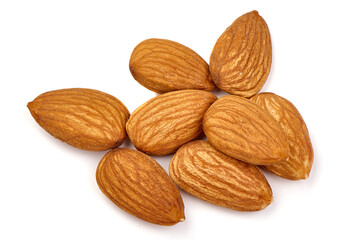Organic almond nuts, isolated on white background. High resolution image.