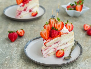 Dessert, sliced sponge cake with custard, fresh strawberries and whipped cream on a gray concrete background. Swedish cuisine.