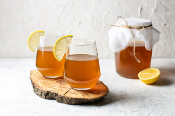 Raw fermented homemade alcoholic or non alcogolic kombucha superfood. Ice tea with healthy natural probiotic