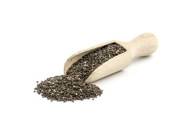 Chia seeds in a wooden spoon on a white background. Healthy food concept