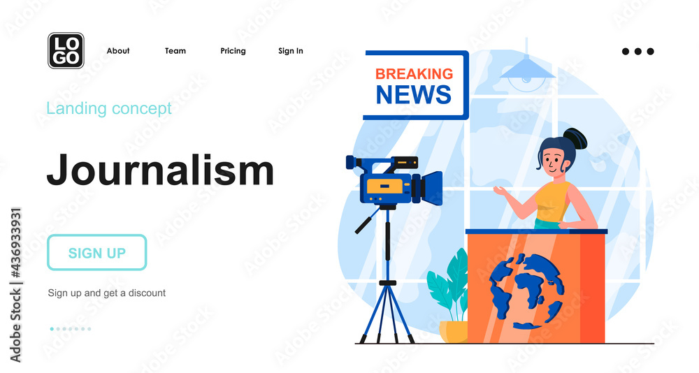 Aufkleber journalism web concept. television news program, presenter talks in studio about world events. templ