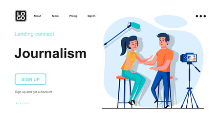 Journalism web concept. Recording of interview program, man and woman broadcasting live tv show. Template of people scenes. Vector illustration with character activities in flat design for website