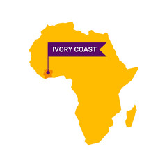 Obraz premium Ivory Coast on an Africa s map with word Ivory Coast on a flag-shaped marker.