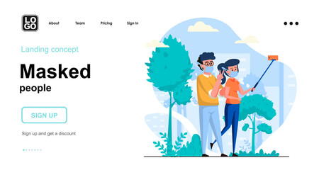 Masked people web concept. Couple in protective masks in park, taking selfie, coronavirus epidemic. Template of people scenes. Vector illustration with character activities in flat design for website