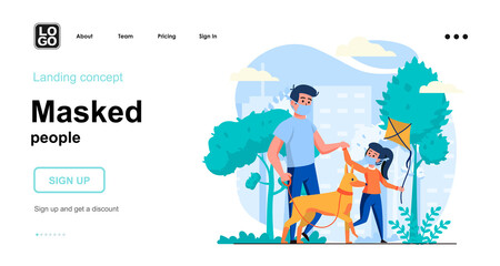 Masked people web concept. Father and daughter in masks walk dog in park, coronavirus epidemic. Template of people scenes. Vector illustration with character activities in flat design for website