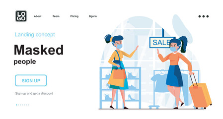 Masked people web concept. Women in mask shopping in store, social distance, coronavirus epidemic. Template of people scenes. Vector illustration with character activities in flat design for website
