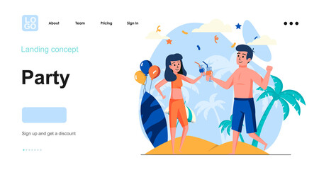 Party web concept. Couple having fun at beach party, celebrating holiday together, drinks at event. Template of people scenes. Vector illustration with character activities in flat design for website