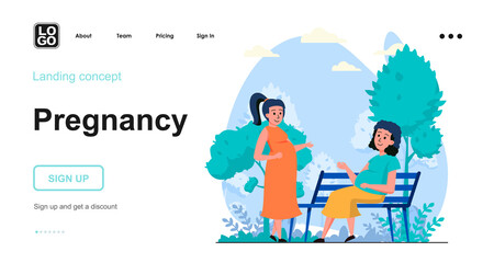 Pregnancy web concept. Pregnant women walk together in city park, motherhood and expecting newborn. Template of people scenes. Vector illustration with character activities in flat design for website