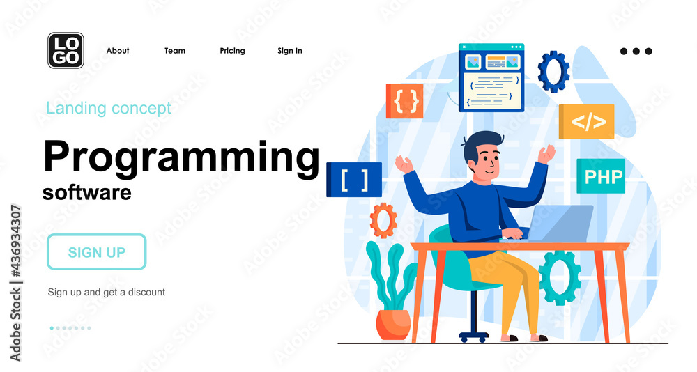 Aufkleber Programming software web concept. Man programmer creates software, programs and applications. Template of people scenes. Vector illustration with character activities in flat design for website