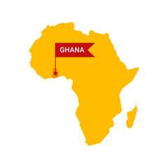 Ghana on an Africa s map with word Ghana on a flag-shaped marker.