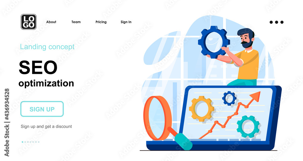 Poster seo optimization web concept. man making search settings, increase website traffic, page promotion. 