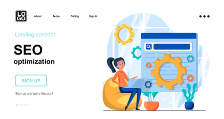 Seo optimization web concept. Search engine settings, increase website traffic, page promotion. Template of people scenes. Vector illustration with character activities in flat design for website