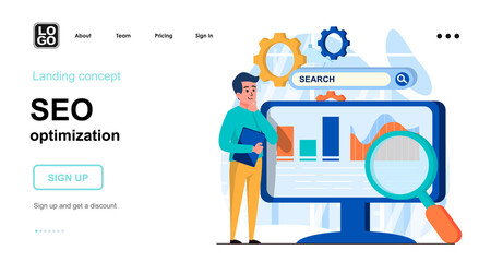 Seo optimization web concept. Man analyzing data, search settings, website traffic, page promotion. Template of people scenes. Vector illustration with character activities in flat design for website