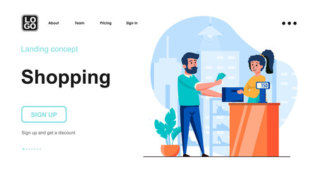 Shopping web concept. Man customer buys shoes in store and pays for purchases at checkout counter. Template of people scenes. Vector illustration with character activities in flat design for website