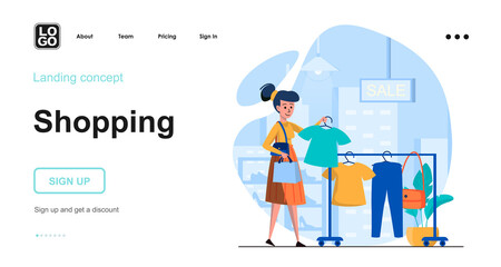Shopping web concept. Woman buys clothes in store, customer makes purchases at sale discount price. Template of people scenes. Vector illustration with character activities in flat design for website