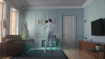 Anonymous man choosing window view in virtual reality room