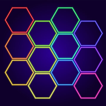 Vector set of neon isolated multi-colored hexagon frames with empty space inside. geometric pattern glowing in the dark from the lines of hexagonal honeycombs gradient color on a dark blue background 