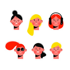 Set of young women faces, female avatar - Cute girl characters with headphones, glasses, sunglasses - Flat vector illustration