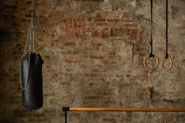 gymnastic rings and bars on the background of an old brick wall