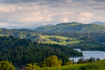 Fototapeta na wymiar Solińskie Lake seen from the viewpoint in Polańczyk. Polanczyk, Solina, Bieszczady Mountains.