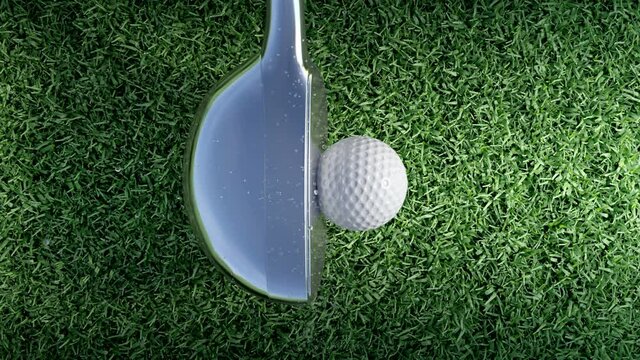 Golf hit, super slo-mo, close-up, top point of view