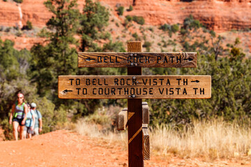 Sedona hiking trail signs for Bell and Courthouse Rock in Arizona