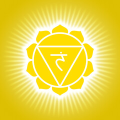 Chakra manipura. Yellow shining yoga symbol. Om sign. Sacral icon