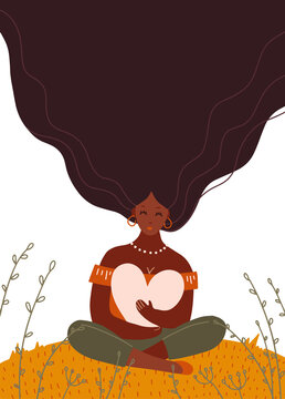 Beautiful Black Woman Holding A Big Heart. Love, Self Care, Support, Feminism Concept. Isolated Abstract Flat Vector Illustration For Modern Poster, Print Design. Female Character With Long Hair.